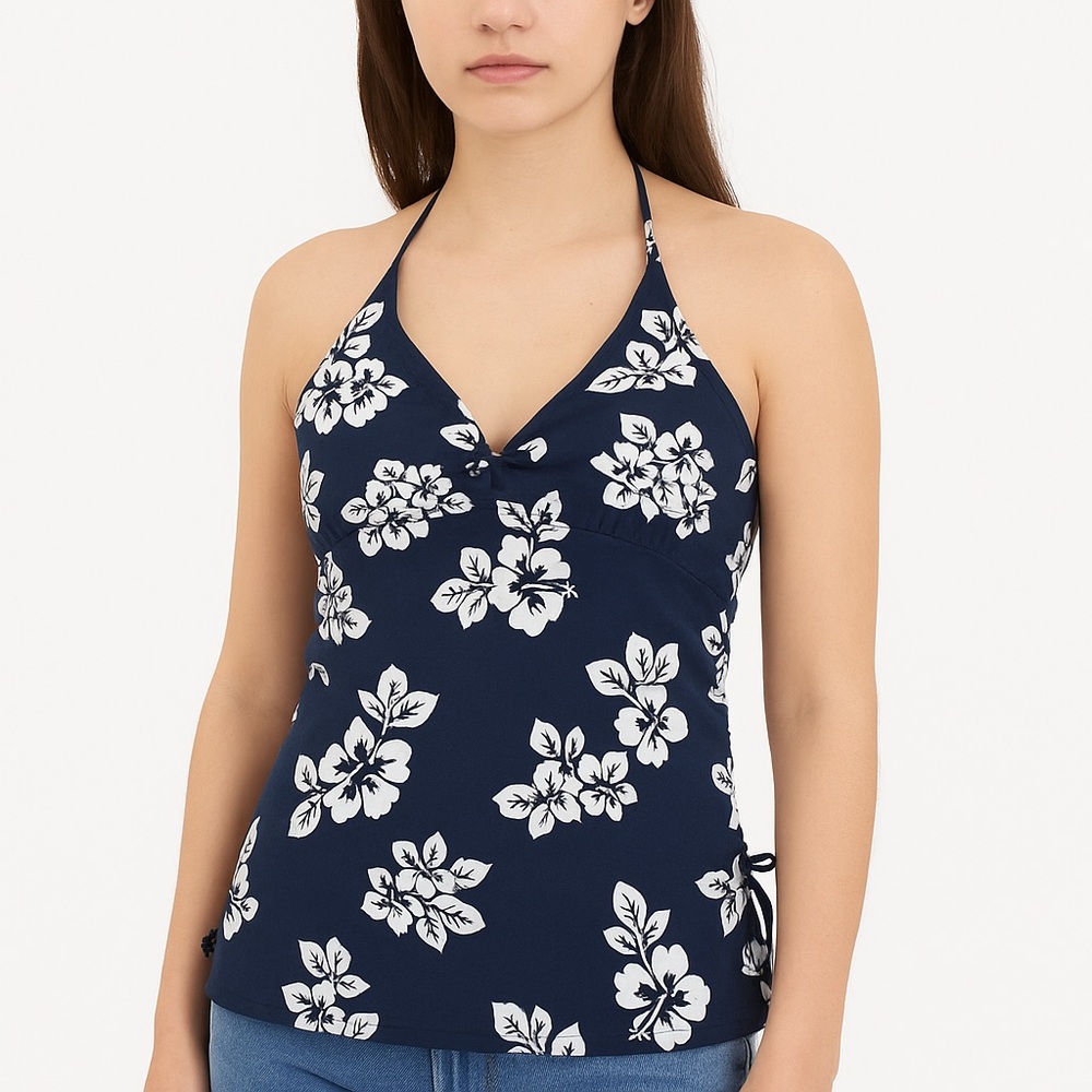 Y2K Old Navy Babydoll Tank Halter Hawaiian Floral Size Large Tiny Fit Stretch